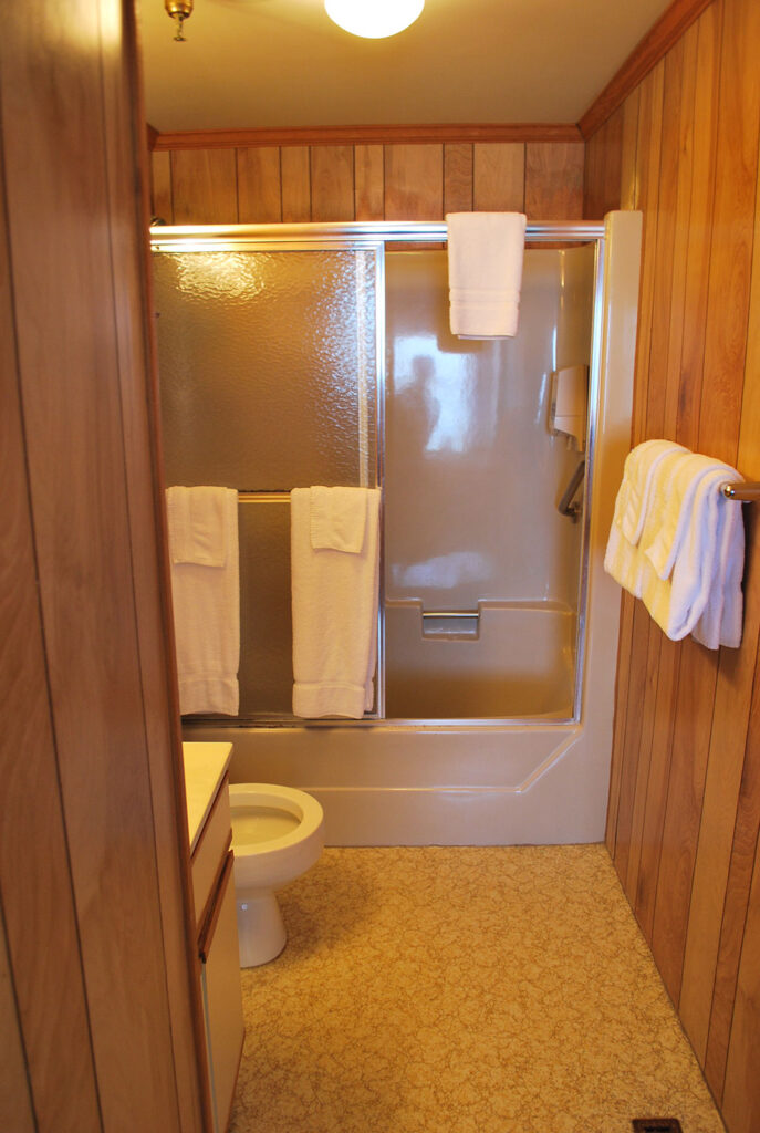 a bathroom with a shower, toilet and sink