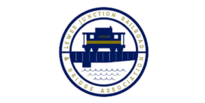 a blue and yellow logo with a train on it