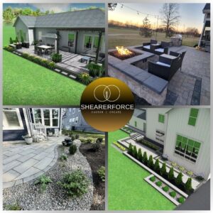 a collage of photos of a house with a fire pit