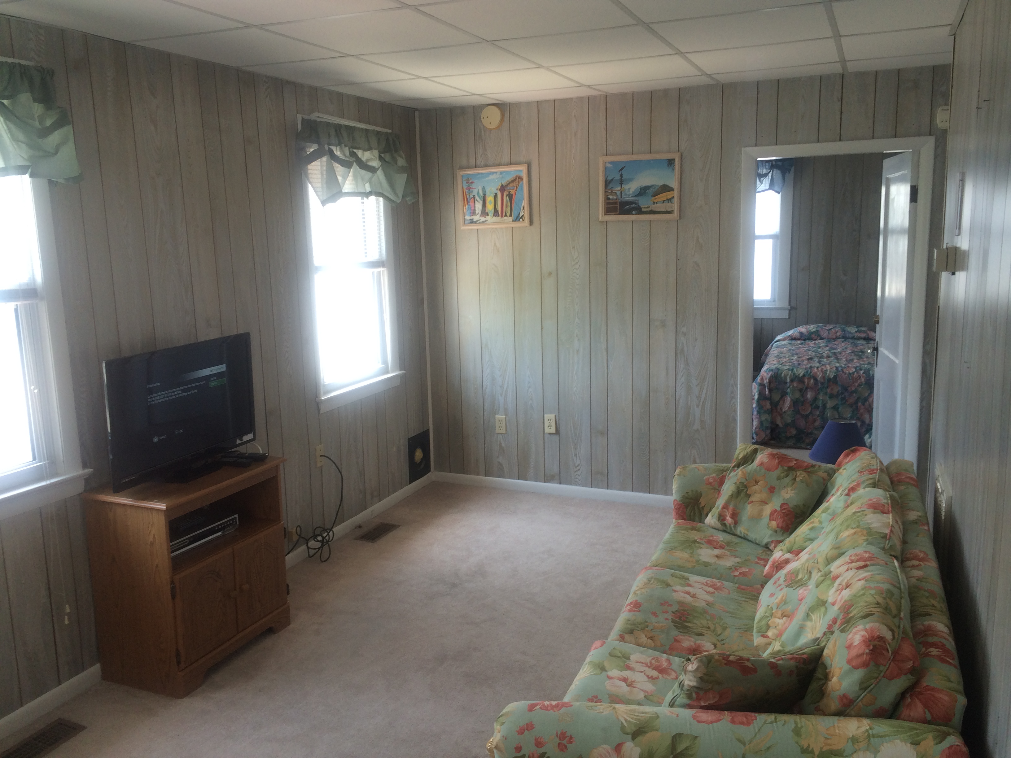 living room with queen size pullout sleep sofa and flat screen tv on stand