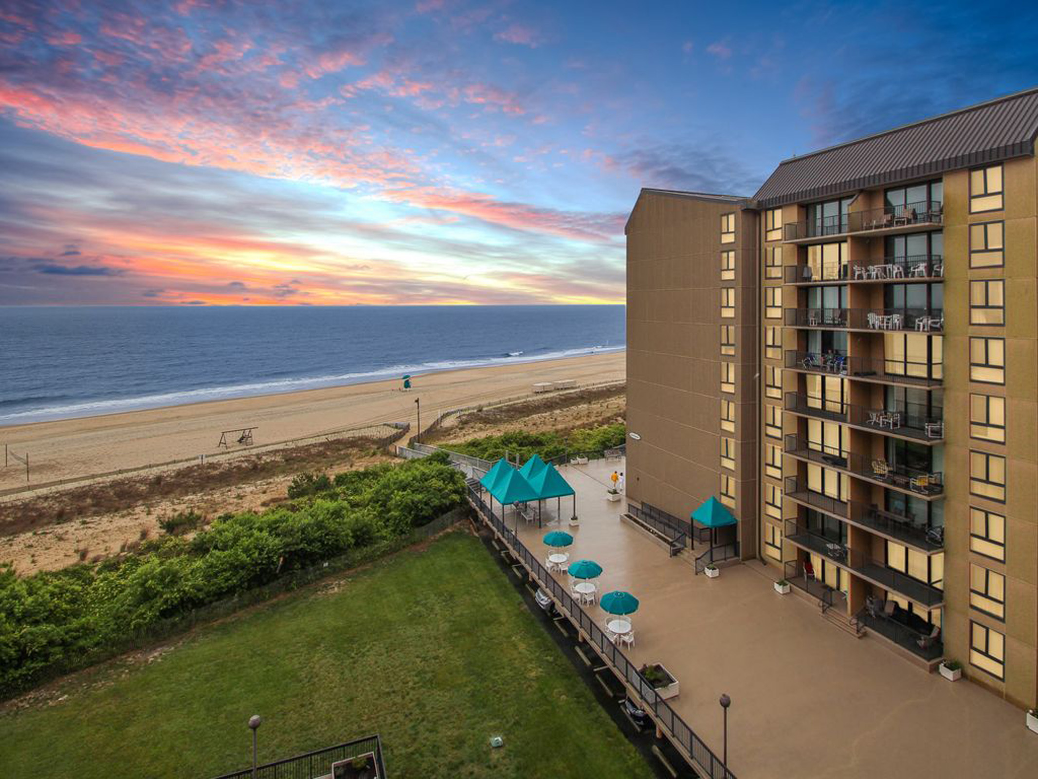 Deleware beach view with condo building.