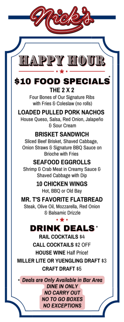 Nick's 202 Summer Happy Hour Menu 