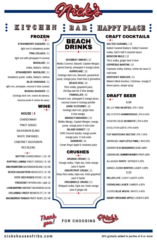 nick's drink menu