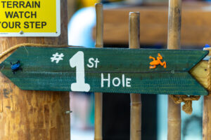 a close up of a wooden sign on a pole