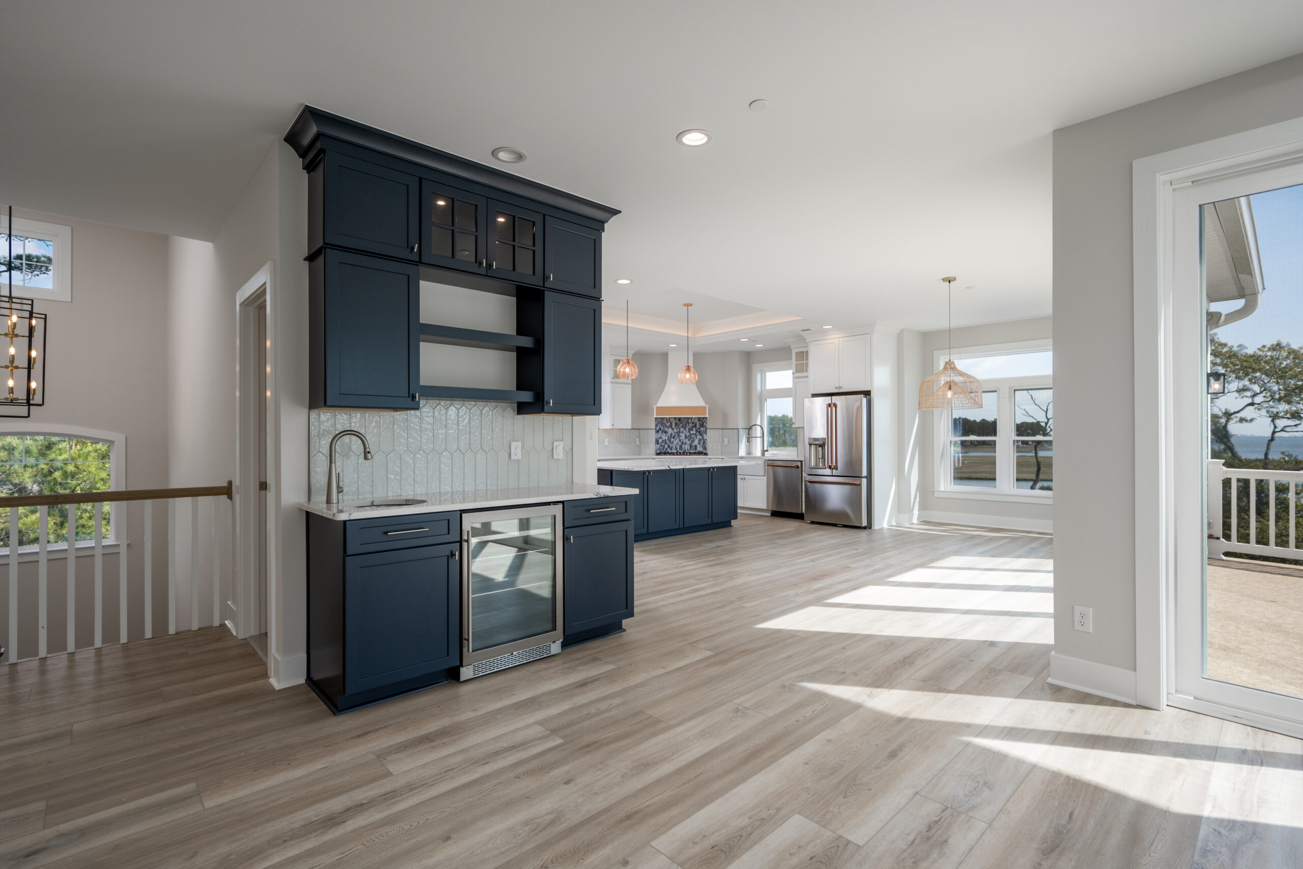 a large open kitchen with a large window