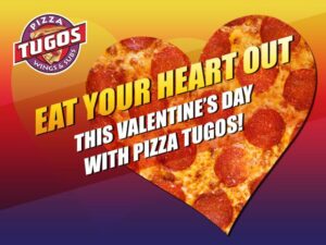 a heart shaped pizza with the words, eat your heart out this valentine's