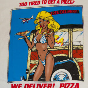 a t - shirt with a picture of a woman in a bikini holding a pizza