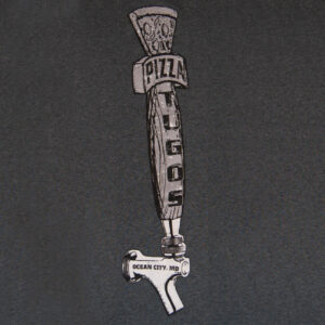 a black shirt with a pizza shaped beer tap on it