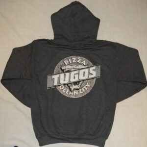 a black hoodie with a pizza logo on it