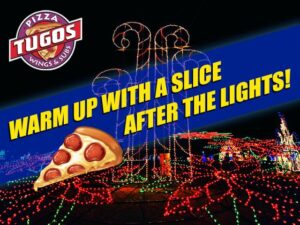 a slice of pizza on top of a christmas light display