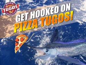 a picture of a fish with a piece of pizza in it's mouth