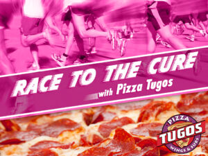 a poster advertising a race to the core with pizza to go