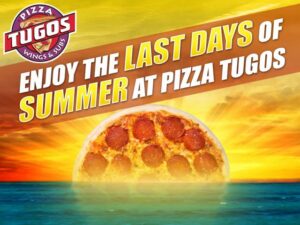 a poster for a pizza restaurant with the words enjoy the last days of summer at