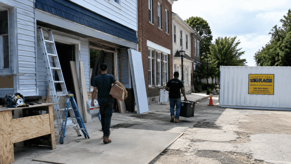 mobile storage Maryland unit at a commercial renovation site in Princess Anne MD