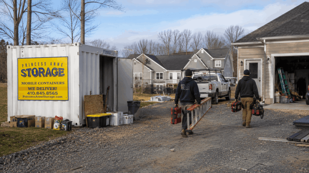 Commercial Storage Container Rental Hebron with contractor tools organized on an Eastern Shore job site