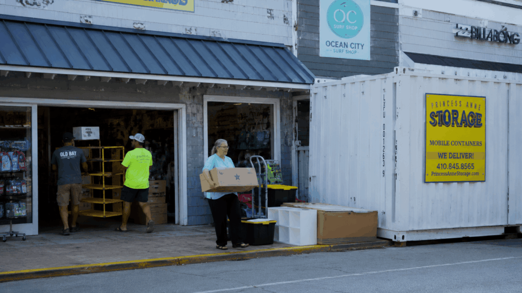 Pods for Storage Ocean City at an Eastern Shore retail remodel with boxes and fixtures outside