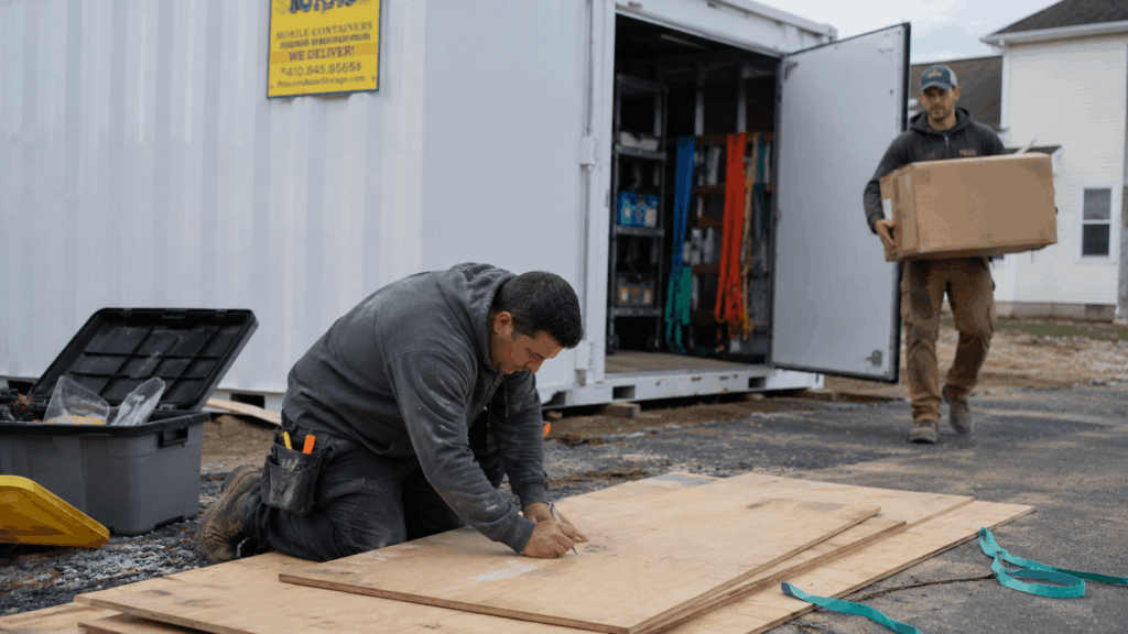 Storage Container Delivery Service Cambridge with contractors organizing materials on the Eastern Shore