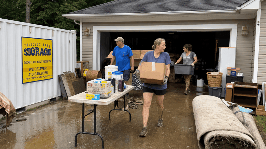 Onsite Storage Containers Willards helping sort flood-damaged boxes on the Eastern Shore