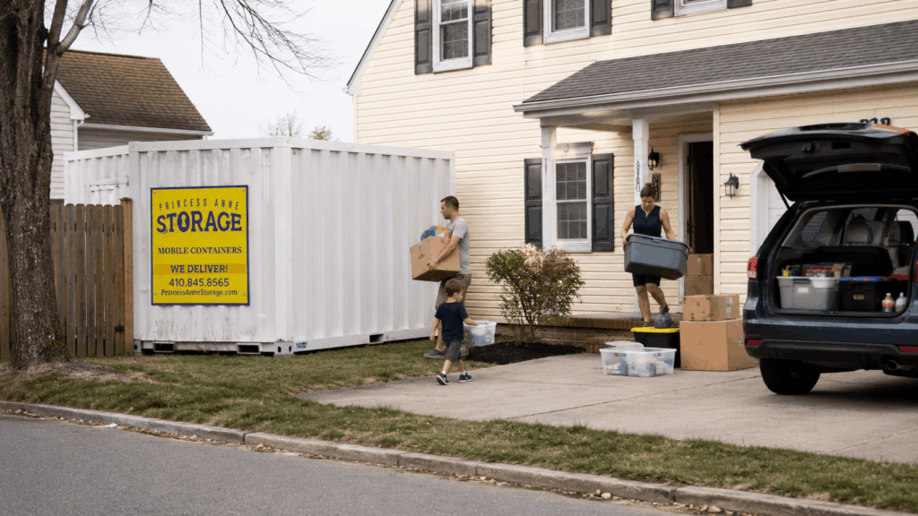 Storage Container Rental Berlin for Eastern Shore military family packing in a driveway