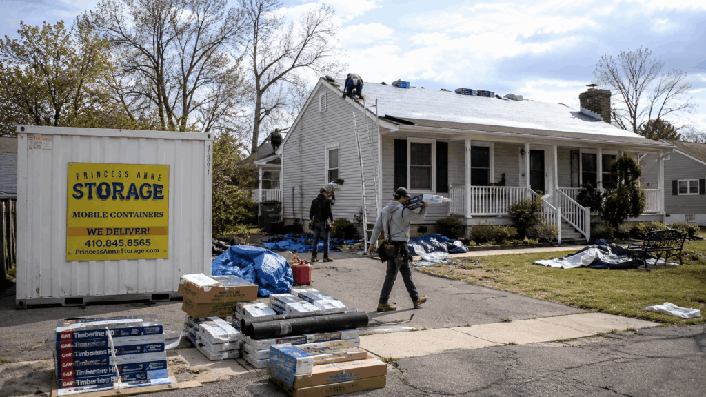 Mobile Storage Unit Rental Delmar for roofing crews storing shingles on the Eastern Shore
