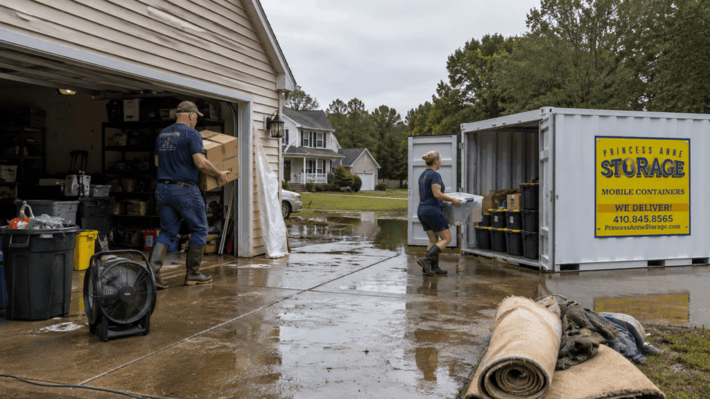Storage Container Delivery Willards for flood recovery in a wet Eastern Shore driveway