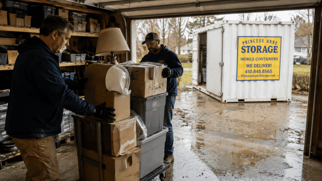 Rent A Storage Container Ocean Pines with boxes during Eastern Shore disaster recovery
