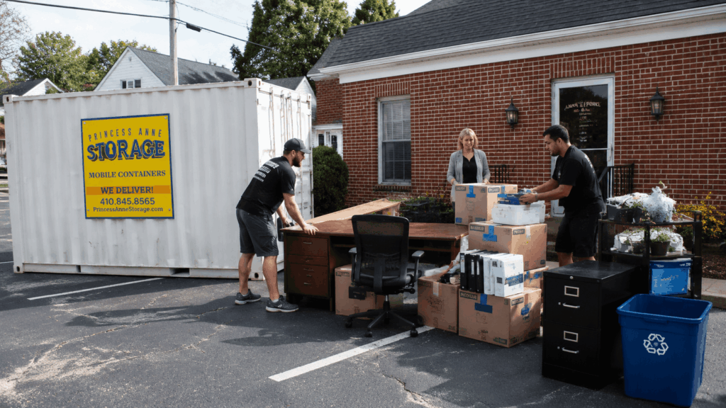 Rent A Storage Container Fruitland office move with desks and boxes on the Eastern Shore