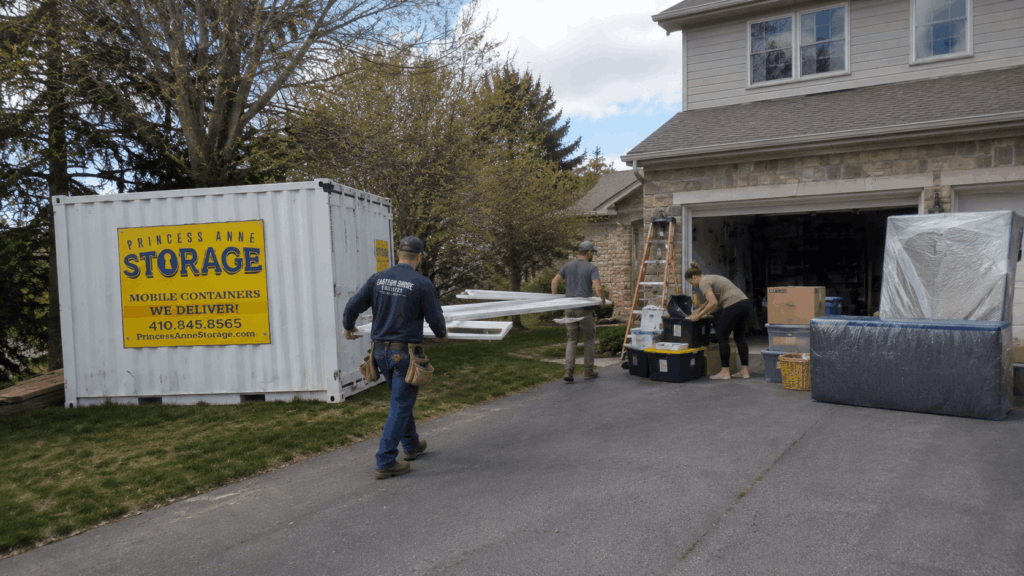 Storage Container Delivery Worcester County for an Eastern Shore home renovation driveway