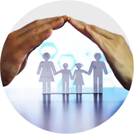 hands making a peak position incasing a cartoon family