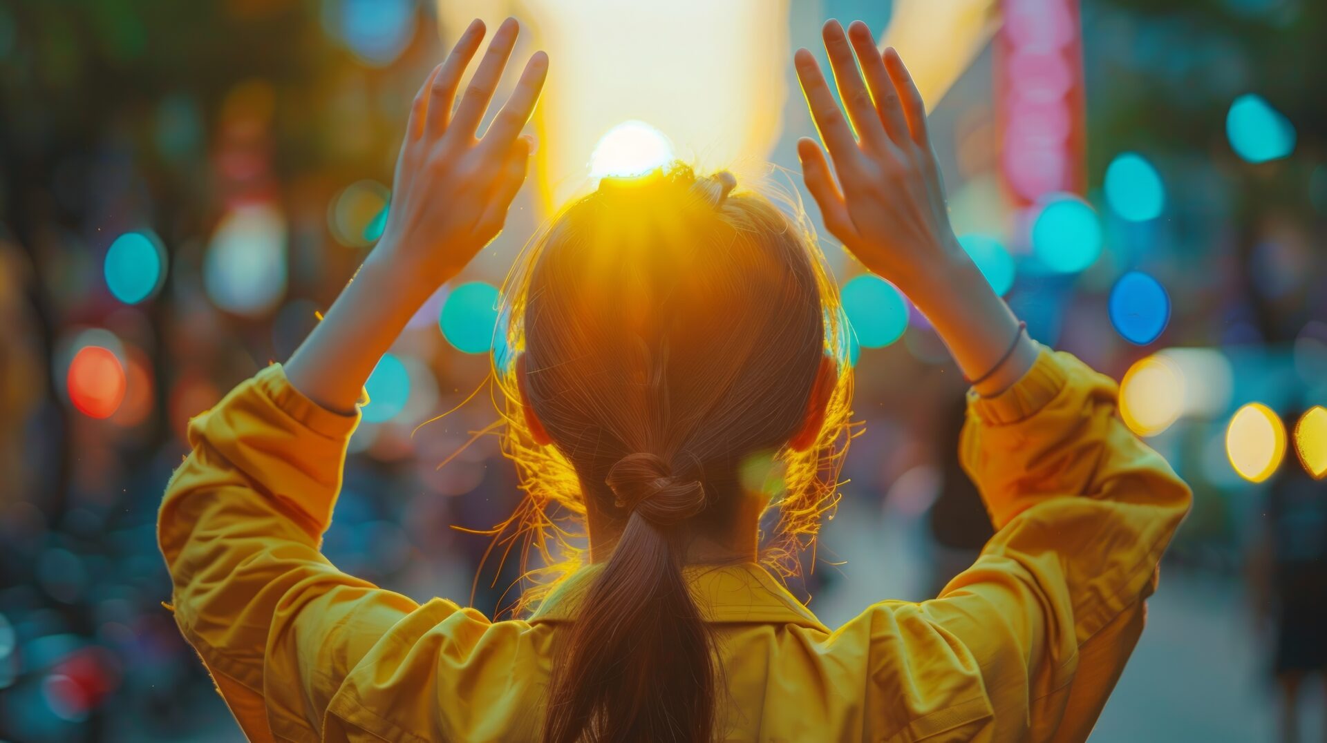 woman with her hands up