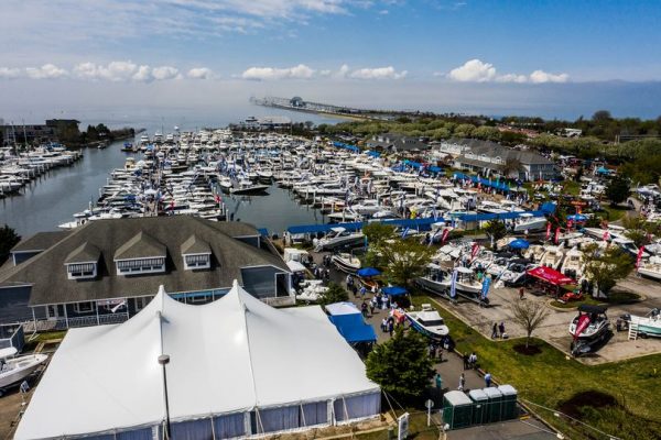 aerial view of boats in marina