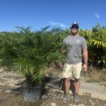 a man standing next to a palm tree