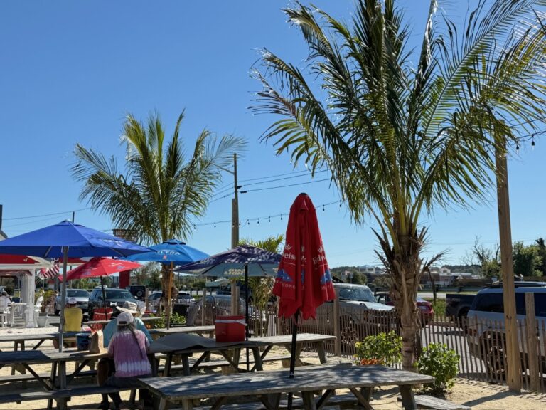 a group of picnic tables sitting under umbrellas