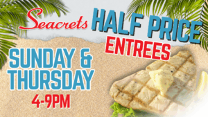 a poster for a restaurant called seabreats half price