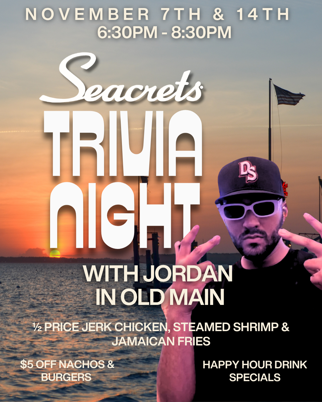 a flyer for a night with a man on the beach