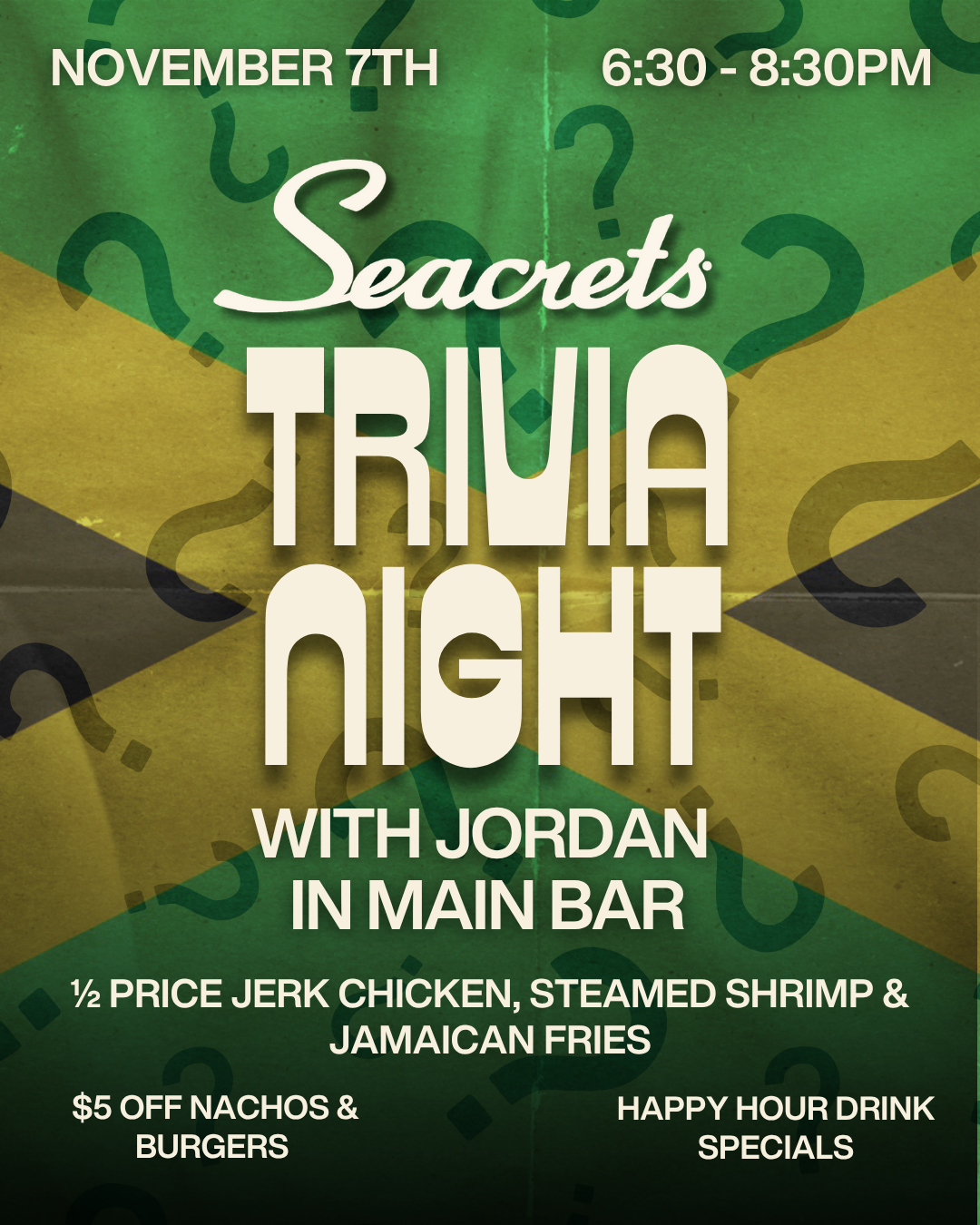a poster for a night of trivia night with jordan in main bar