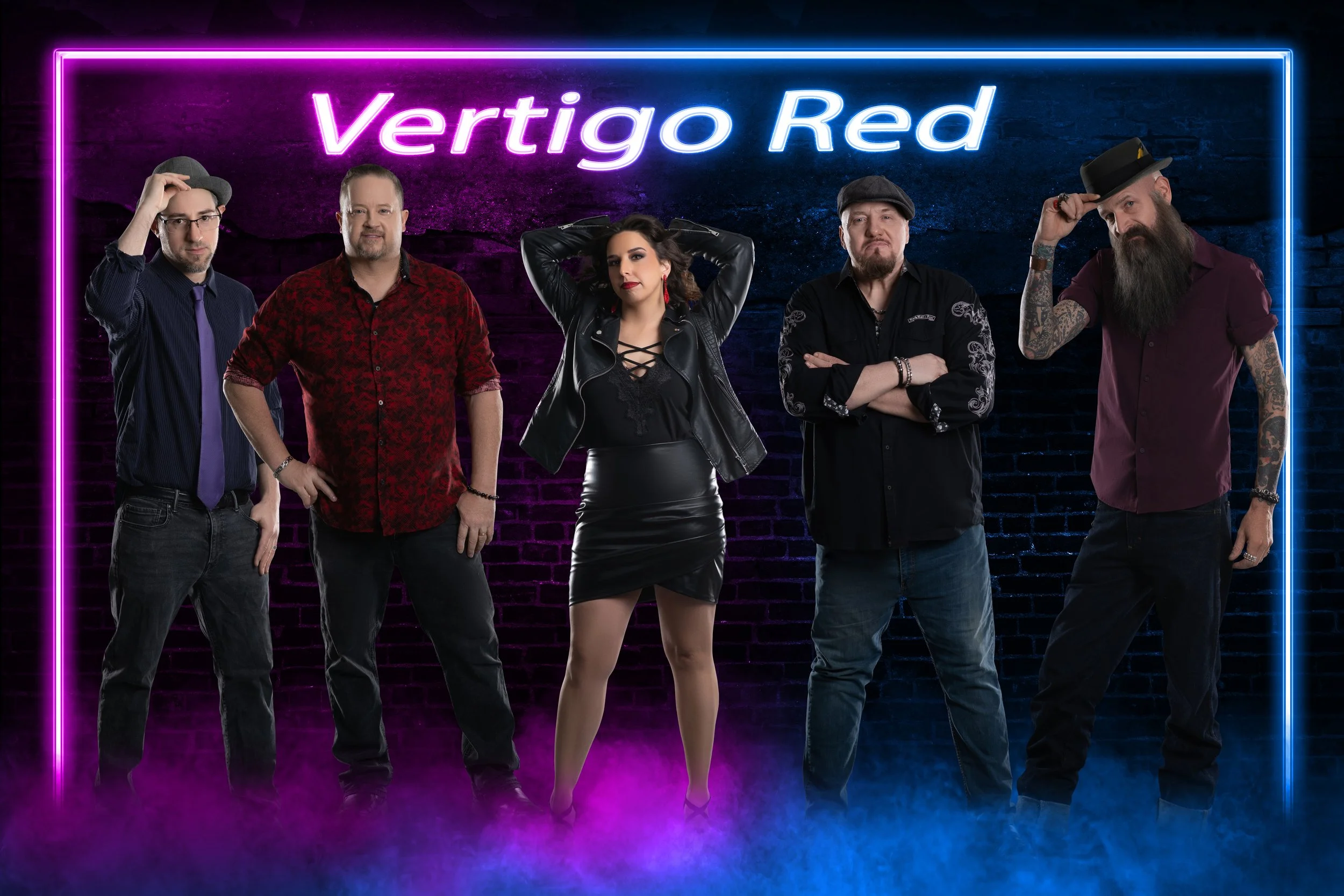 a group of people standing in front of a neon sign