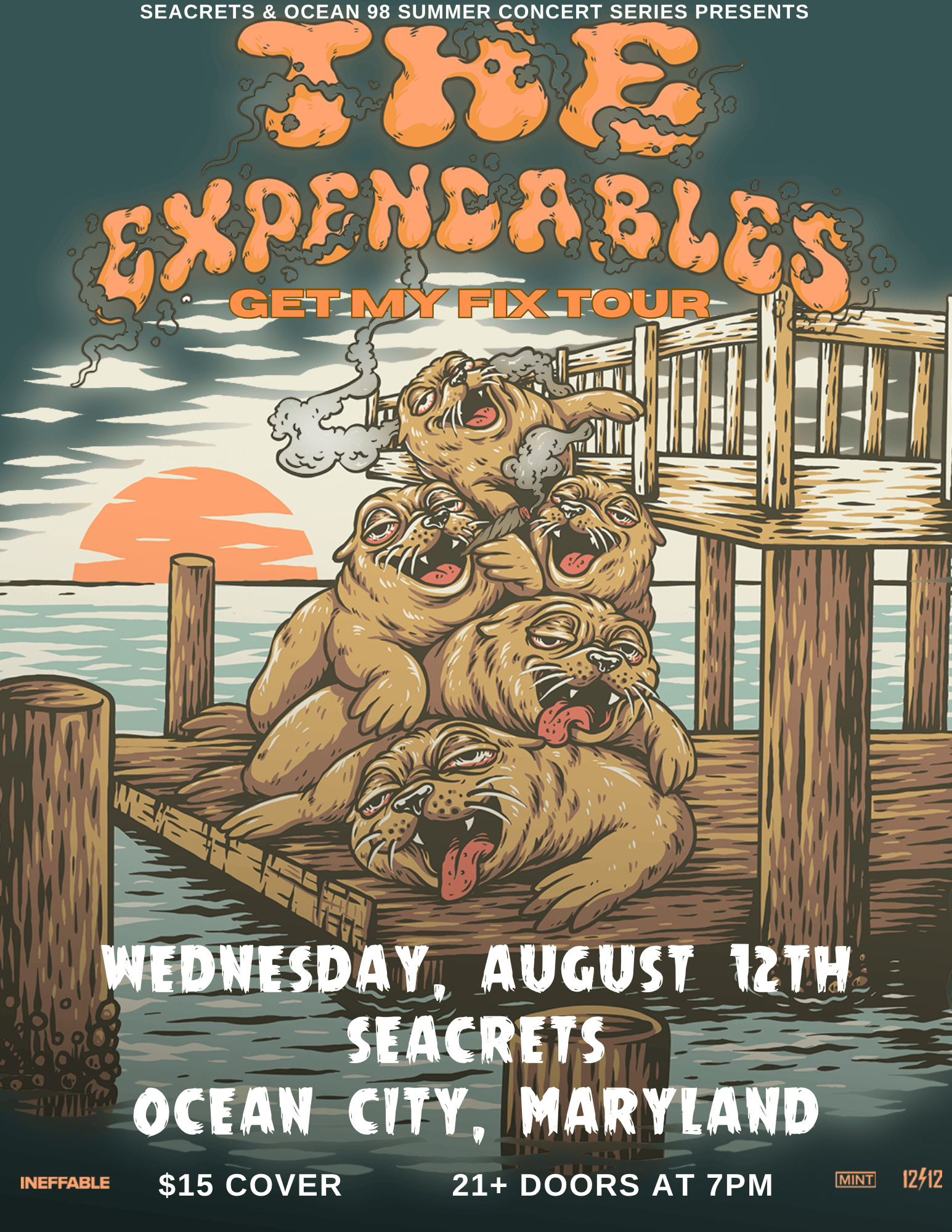 a poster for a dog show with dogs on a dock