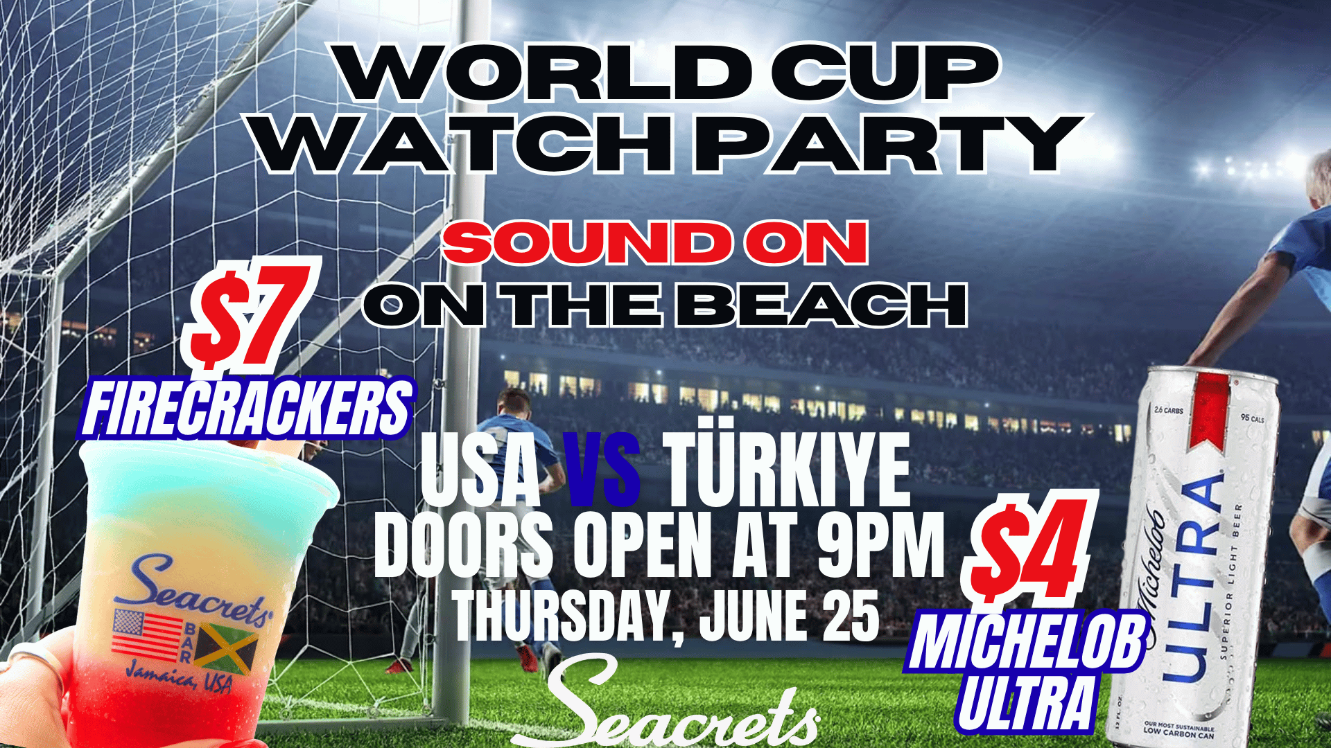 a poster advertising a soccer match on the beach