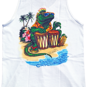 a white tank top with an image of a lizard on it