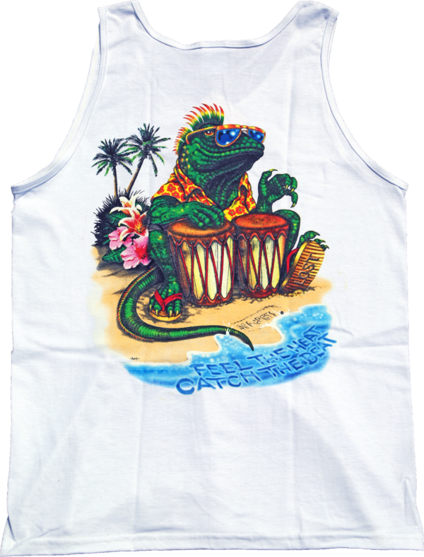 a white tank top with an image of a lizard on it