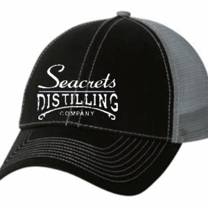 a black and gray hat with the words secrets distilling on it