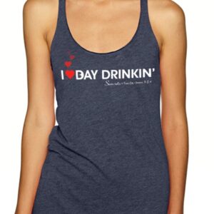 a woman wearing a tank top that says i love day drinkin