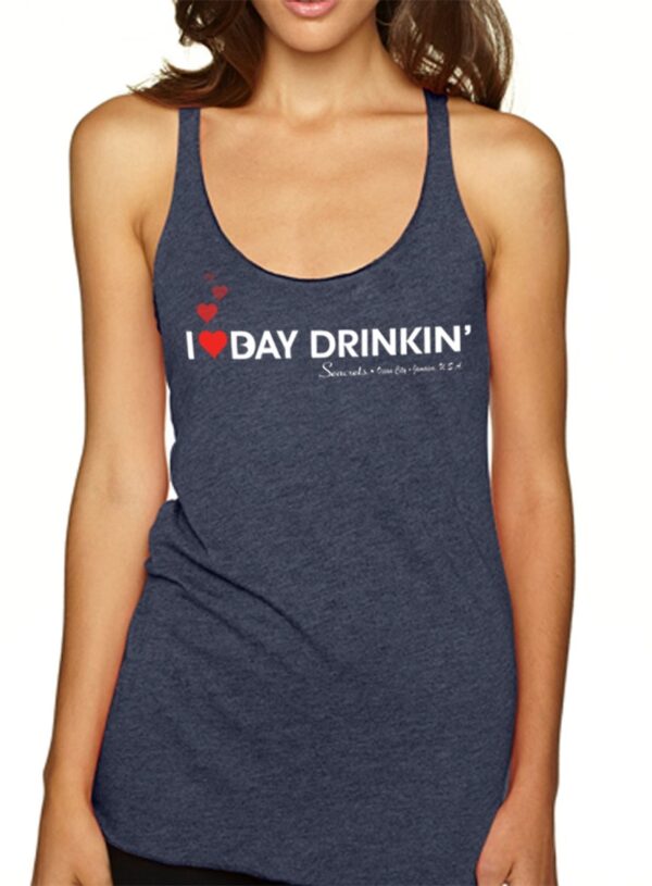 a woman wearing a tank top that says i love day drinkin