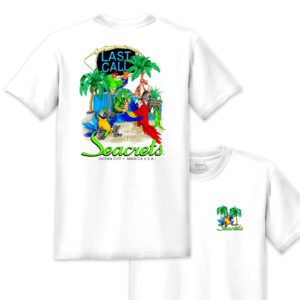 a white t - shirt with the words, last call, and a picture of