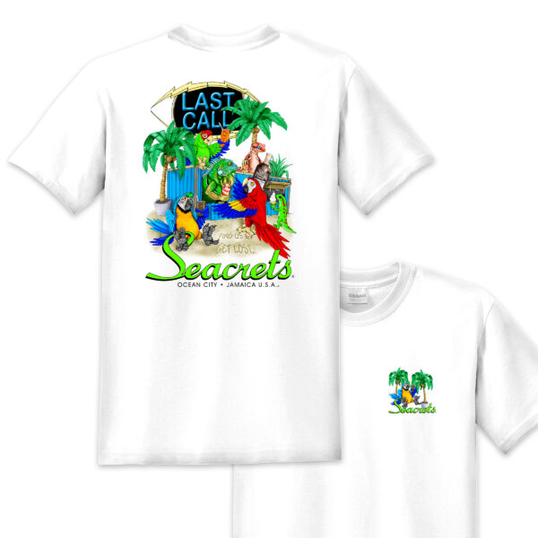 a white t - shirt with the words, last call, and a picture of
