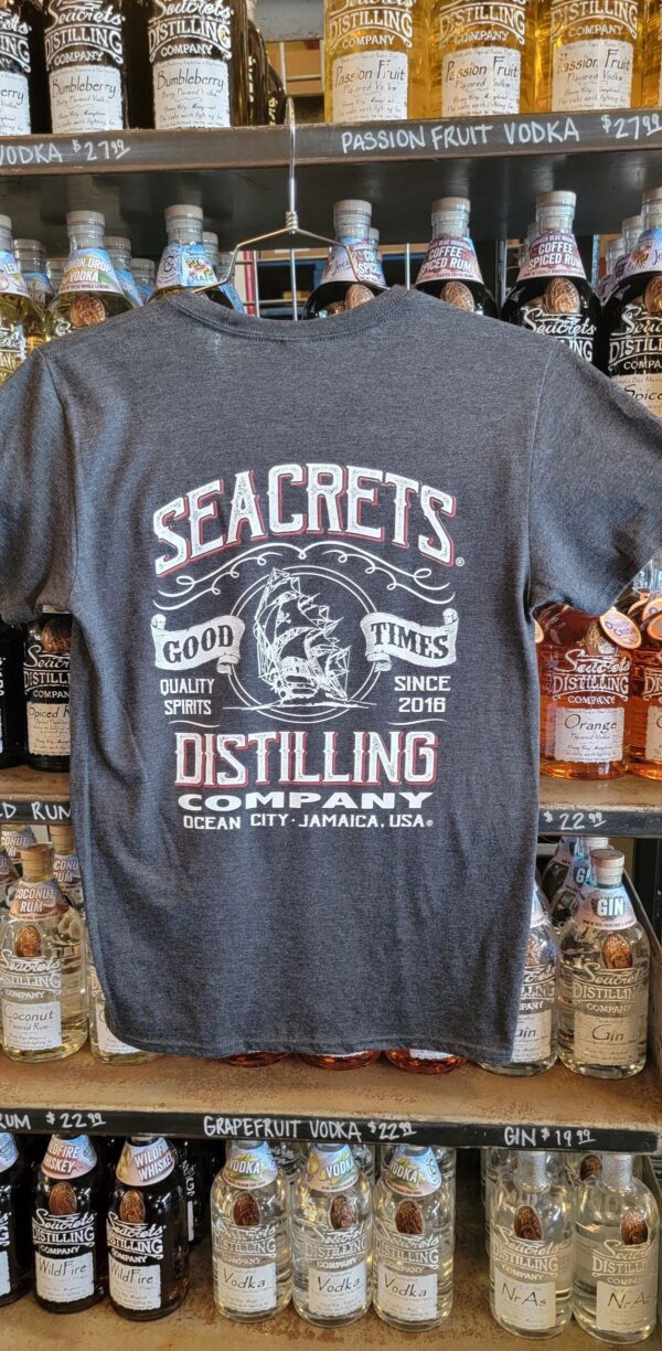 a t - shirt that says seacrets distilling on it