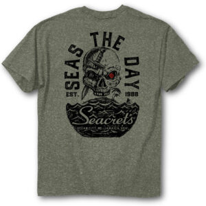 a gray shirt with a skull on it