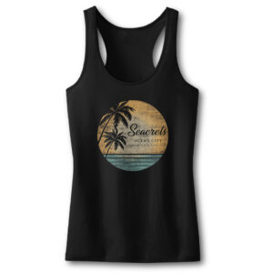 a women's black tank top with a palm tree on the beach