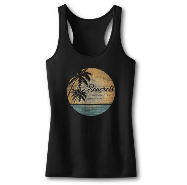 a women's black tank top with a palm tree on the beach
